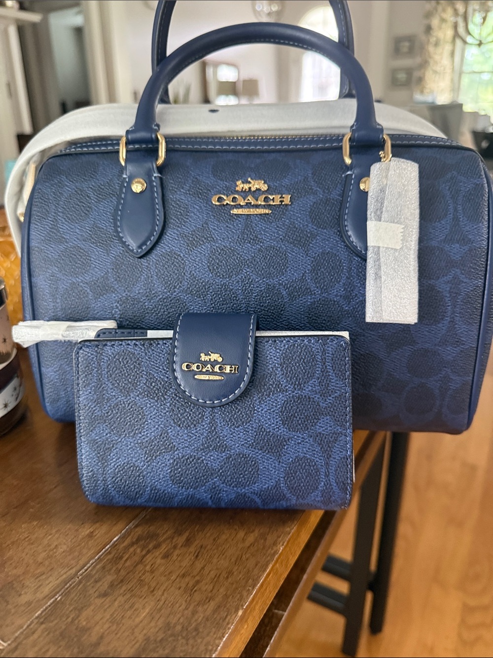 NWT Coach Navy Signature Rowan Medium Satchel and Wallet Set